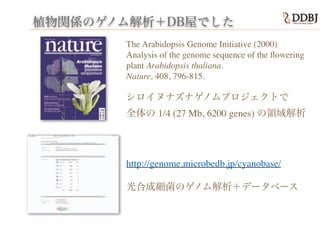 植物関係のゲノム解析＋DB屋でした
•著作
http://genome.microbedb.jp/cyanobase/!
!
光合成細菌のゲノム解析＋データベース
•著作 The Arabidopsis Genome Initiative (2000)!
Analysis of the genome sequence of the ﬂowering
plant Arabidopsis thaliana.!
Nature, 408, 796-815.!
!
シロイヌナズナゲノムプロジェクトで!
全体の 1/4 (27 Mb, 6200 genes) の領域解析
 