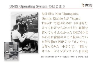 UNIX Operating System のはじまり
Bell 研の Ken Thompson,
Dennis Ritchieらが Space
Travel で遊ぶために（の目的だ
けってわけでもないけど）高価で
買ってもらえなかった DEC-10 の
かわりに部屋のスミに転がってい
た借り物の PDP-7 で「えいやっ」
と作ってみた「小さくて」「軽い」
オペレーティングシステム (1968)
Life with UNIX (アスキー出版局; 1990）より引用／改変
 