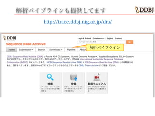 http://trace.ddbj.nig.ac.jp/dra/
解析パイプライン
解析パイプラインも提供してます
http://trace.ddbj.nig.ac.jp/dra/
 