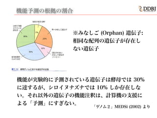 機能が実験的に予測されている遺伝子は酵母では 30%
に達するが、シロイヌナズナでは 10% しか存在しな
い。それ以外の遺伝子の機能注釈は、計算機の支援に
よる「予測」にすぎない。
機能予測の根拠の割合
※みなしご (Orphan) 遺伝子:
相同な配列の遺伝子が存在し
ない遺伝子
「ゲノム２」MEDSi (2002) より
 