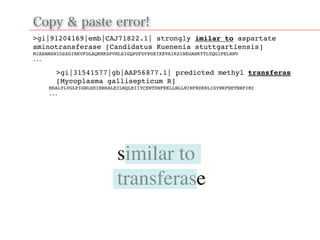 Copy & paste error!
>gi|91204169|emb|CAJ71822.1| strongly imilar to aspartate
aminotransferase [Candidatus Kuenenia stuttgartiensis]!
MIASRMSNIDSSGIRKVFDLAQKMKSPVNLSIGQPDFDVPGEIKEVAIKSINEGANKYTLTQGIPELRNV!
...!
>gi|31541577|gb|AAP56877.1| predicted methyl transferas
[Mycoplasma gallisepticum R]!
MSALYLVGLPIGNLSEINHRALEILNQLEIIYCENTDNFKKLLNLLNINFRDKKLISYHKFNETNRFIMI!
...
similar to!
transferase
similar to
transferase
 