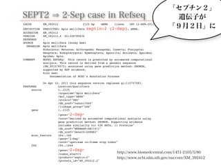 SEPT2 2-Sep case in Refseq
LOCUS XM_392412 2125 bp mRNA linear INV 12-APR-2011!
DEFINITION PREDICTED: Apis mellifera septin-2 (2-Sep), mRNA.!
ACCESSION XM_392412!
VERSION XM_392412.4 GI:328785636!
KEYWORDS .!
SOURCE Apis mellifera (honey bee)!
ORGANISM Apis mellifera!
Eukaryota; Metazoa; Arthropoda; Hexapoda; Insecta; Pterygota;!
Neoptera; Endopterygota; Hymenoptera; Apocrita; Aculeata; Apoidea;!
Apidae; Apis.!
COMMENT MODEL REFSEQ: This record is predicted by automated computational!
analysis. This record is derived from a genomic sequence!
(NW_003378075) annotated using gene prediction method: GNOMON,!
supported by EST evidence.!
Also see:!
Documentation of NCBI's Annotation Process!
!
On Apr 12, 2011 this sequence version replaced gi:110757583.!
FEATURES Location/Qualifiers!
source 1..2125!
/organism="Apis mellifera"!
/mol_type="mRNA"!
/strain="DH4"!
/db_xref="taxon:7460"!
/linkage_group="LG6"!
gene 1..2125!
/gene="2-Sep"!
/note="Derived by automated computational analysis using!
gene prediction method: GNOMON. Supporting evidence!
includes similarity to: 436 ESTs, 11 Proteins"!
/db_xref="BEEBASE:GB17411"!
/db_xref="GeneID:408882"!
misc_feature 164..166!
/gene="2-Sep"!
/note="upstream in-frame stop codon"!
CDS 194..1444!
/gene="2-Sep"!
/codon_start=1!
/product="septin-2"!
/protein_id="XP_392412.2"
http://www.biomedcentral.com/1471-2105/5/80
http://www.ncbi.nlm.nih.gov/nuccore/XM_392412
LOCUS XM_392412 2125 bp mRNA linear INV 12-APR-2011
「セプチン２」
遺伝子が
「９月２日」に
 