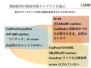 類似配列の検索対象ライブラリを選ぶ
最大のデータセットが常に最適な結果をもたらす訳ではない
UniProt/TrEMBL!
(88,589,455 entries)!
SwissProt ライクな自動処理!
review はされていない
UniProt/SwissProt!
(547,085 entries)!
「アノテータ」が review
高品質だがエントリが少い
nr-aa!
(53,846,081 entries)!
GenBankに登録者がつけ
た注釈そのまま。品質は
ピンキリ
 