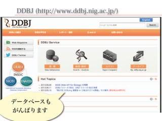 DDBJ (http://www.ddbj.nig.ac.jpDDBJ (http://www.ddbj.nig.ac.jp/)
データベースも
がんばります
 