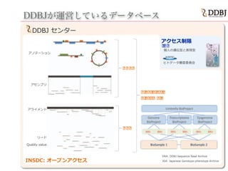 DDBJDDBJが運営しているデータベース
DRA: DDBJ Sequence Read Archive
JGA: Japanese Genotype-phenotype Archive
 
