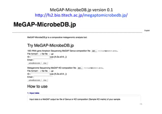 15	
MeGAP-­‐MicrobeDB.jp	
  version	
  0.1	
  
hYp://fs2.bio.:tech.ac.jp/megaptomicrobedb.jp/	
 