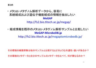 ・ メタ16S・メタゲノム解析データから、容易に	
  
　系統組成および遺伝子機能組成の情報を抽出したい	
  
	
   	
   	
   	
   	
   	
   	
   	
  　 MeGAP	
  
	
  	
  	
  	
  	
  	
  	
  	
  	
  	
  	
  	
  	
  	
  	
  	
  	
  	
  	
  	
  	
  	
  	
  	
  	
  	
  	
  hYp://fs2.bio.:tech.ac.jp/megap/	
  
	
  
・ 組成情報を既存のメタ16S・メタゲノム解析サンプルと比較したい	
  
	
   	
   	
   	
   	
   	
  	
  	
  	
  	
  MeGAP-­‐MicrobeDB.jp	
  
	
  	
  	
  	
  	
  	
  	
  	
  	
  	
  	
  	
  	
  	
  	
  hYp://fs2.bio.:tech.ac.jp/megaptomicrobedb.jp/	
	
  
その環境の細菌群集は他のサンプルと比較するとどのような共通性・違いがあるか？	
  
	
  
その環境のメタデータと自分のサンプルのメタデータを比べて、何が異なるのか？	
  
19	
まとめ	
 