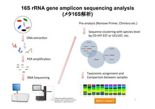 16S rRNA gene amplicon sequencing analysis
(メタ16S解析)
DNA	
  extrac:on	
  
PCR	
  ampliﬁca:on	
  
DNA	
  Sequencing	
  
Pre-­‐analysis	
  (Remove	
  Primer,	
  Chimera	
  etc.)	
  
Taxonomic	
  assignment	
  and	
  
Comparison	
  between	
  samples	
  
Sequence	
  clustering	
  with	
  species	
  level	
  	
  
by	
  CD-­‐HIT-­‐EST	
  or	
  UCLUST,	
  etc.	
  
TestSample2 SRR061008 SRR061006 SRR061003 SRR061004 SRR095659 SRR094400 SRR090399 TestSample1 SRR094717
0.00.20.40.60.81.0
Who’s	
  there?	
  
Togo	
  picture	
  gallery	
  by	
  DBCLS	
  is	
  	
  
licensed	
  under	
  a	
  Crea:ve	
  Commons	
  	
  
AYribu:on	
  2.1	
  Japan	
  license	
  (c)	
  
2	
 