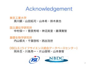 Acknowledgement
東京工業大学
黒川顕・山田拓司・山本希・鈴木真也
国立遺伝学研究所
中村保一・菅原秀明・神沼英里・藤澤貴智
基礎生物学研究所
内山郁夫・千葉啓和・西出浩世
21	
DBCLS (ライフサイエンス統合データベースセンター）
岡本忍・川島秀一・片山俊明・山本泰智
 