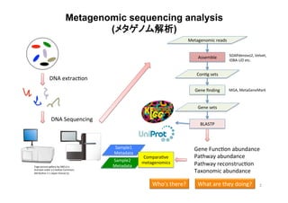 DNA	
  extrac:on	
  
DNA	
  Sequencing	
  
Assemble	
  
Metagenomic	
  reads	
Con:g	
  sets	
Gene	
  ﬁnding	
  
Gene	
  sets	
BLASTP	
  
Gene	
  Func:on	
  abundance	
  
Pathway	
  abundance	
  
Pathway	
  reconstruc:on	
  
Taxonomic	
  abundance	
  
Who’s	
  there?	
   What	
  are	
  they	
  doing?	
  
Sample1	
  
Metadata	
Sample2	
  
Metadata	
Compara:ve	
  
metagenomics	
  
MGA,	
  MetaGeneMark	
  
SOAPdenovo2,	
  Velvet,	
  
IDBA-­‐UD	
  etc.	
  
Metagenomic sequencing analysis
(メタゲノム解析)
Togo	
  picture	
  gallery	
  by	
  DBCLS	
  is	
  	
  
licensed	
  under	
  a	
  Crea:ve	
  Commons	
  	
  
AYribu:on	
  2.1	
  Japan	
  license	
  (c)	
  
3	
 