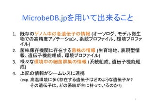 MicrobeDB.jpを用いて出来ること	
1.  既存のゲノム中の各遺伝子の情報 (オーソログ、モデル微生
物での高精度アノテーション、系統プロファイル、環境プロファ
イル)	
  
2.  菌株保存機関に存在する菌株の情報 (生育培地、表現型情
報、遺伝子機能組成、環境プロファイル)	
  
3.  様々な環境中の細菌群集の情報 (系統組成、遺伝子機能組
成)	
  
4.  上記の情報がシームレスに連携	
  
　 　(exp.	
  高温環境に多く存在する遺伝子はどのような遺伝子か?	
  
　　　　　　その遺伝子は、どの系統が主に持っているのか?)	
  
7	
 