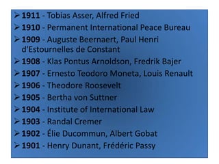  1911 - Tobias Asser, Alfred Fried
 1910 - Permanent International Peace Bureau
 1909 - Auguste Beernaert, Paul Henri
  d'Estournelles de Constant
 1908 - Klas Pontus Arnoldson, Fredrik Bajer
 1907 - Ernesto Teodoro Moneta, Louis Renault
 1906 - Theodore Roosevelt
 1905 - Bertha von Suttner
 1904 - Institute of International Law
 1903 - Randal Cremer
 1902 - Élie Ducommun, Albert Gobat
 1901 - Henry Dunant, Frédéric Passy
 