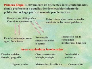 Primera Etapa:  Relevamiento de diferentes áreas contaminadas, dando preferencia a aquellas donde el establecimiento de población las haga particularmente problemáticas. Recopilación bibliográfica, Consultas a profesores Entrevistas a direcciones de medio ambiente de las municipalidades Ciencias sociales: historia, geografía Ciencias naturales: biología, ecología Problemática ambiental Áreas curriculares involucradas Higiene y salud Interacción con la comunidad involucrada. Encuesta Matemática. Estadística Computación Recolección sistemática de las muestras Estudios en campo: suelo, agua, flora, fauna. 