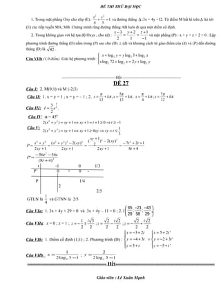 ĐỀ THI THỬ ĐẠI HỌC
1. Trong mặt phẳng Oxy cho elip (E):
2 2
1
4 3
x y
+ = và đường thẳng ∆ :3x + 4y =12. Từ điểm M bất kì trên ∆ kẻ tới
(E) các tiếp tuyến MA, MB. Chứng minh rằng đường thẳng AB luôn đi qua một điểm cố định.
2. Trong không gian với hệ tọa độ Oxyz , cho (d) :
3 2 1
2 1 1
x y z− + +
= =
−
và mặt phẳng (P) : x + y + z + 2 = 0 . Lập
phương trình đường thẳng (D) nằm trong (P) sao cho (D) ⊥ (d) và khoảng cách từ giao điểm của (d) và (P) đến đường
thẳng (D) là 42 .
Câu VIIb (1,0 điểm) Giải hệ phương trình:



+=+
+=+
yyxx
xyyx
222
222
log2log72log
log3loglog
-----------------------------------------Hết --------------------------------------------
ĐỀ 27
Câu I: 2. M(0;1) và M (-2;3)
Câu II: 1. x = y = 1 ; x = y = – 1 ; 2.
5 7
, ; ;
12 12 4 12
x k x k x k x k
π π π π
π π π π= + = + = + = +
Câu III:
5
2
3
.
2
I e=
Câu IV: α = 450
Câu V:
3
1
411)(2
10111)(2
22
22
≤=⇒≥+⇔+=+
−≥⇒≥+=+⇔+=+
txyxyxyxyyx
ttxyxyyx
48
127
12
)(2)
2
1
(
12
)(2)(
12
2
22
222244
+
++−
=
+
−
+
=
+
−+
=
+
+
=
t
tt
xy
xy
xy
xy
xyyx
xy
yx
P
2
2
)48(
5656
'
+
−−
=
t
tt
P
t -1 0 1/3
P’ 0 + 0 -
P 1/4
2
2/5
GTLN là
1
4
và GTNN là 2/5
Câu VIa: 1. 3x + 4y + 29 = 0 và 3x + 4y – 11 = 0 ; 2. I
65 21 43
; ;
29 58 29
− − 
 ÷
 
Câu VIIa: z = 0 ; z = 1 ;
1 3 2 2 2 2
; ;
2 2 2 2 2 2
i i i
z z z= − ± = − = − +
Câu VIb: 1. Điểm cố định (1;1) ; 2. Phương trình (D) :
3 2 5 2 '
4 3 2 3 '
5 5 '
x t x t
y t y t
z t z t
= − + = + 
 
= − + ∨ = − + 
 = + = − + 
Câu VIIb:
13log2
1
2 −
=x ;
13log2
2
2 −
=y
----------------------------------------------- Hết-----------------------------------------------------------
Giáo viên : Lê Xuân Mạnh
 