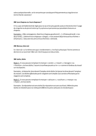 valeurprépositionnelle:onle rencontre par conséquentfréquemmentausinguliereton
écrire Viveles vacances!
28# Leurchapeau ou leurschapeaux ?
Il n’y a pas véritablementde règle pource cas etlesplusgrands auteurshésitententre l’usage
du singulieroudupluriel selonqu’il yaplusieurspersonnesqui possèdentchacune un
chapeau.
Exemples:« Mes compagnons,ôtantleurchapeaugoudronné […] » (Chateaubriand) ;« Les
deux lords[…] ôtèrentleurschapeaux » (Hugo) ;« troisavaientdéjàretrouvé leurfemme »
(Chamson) ;« deux de mesamisetleursfemmes » (Arland).
29# Biensur,biensûr
Si « biensûr » a le même sensque « évidemment»,il ne fautsurtoutpas l’écrire comme ce
dernierenunseul mot ! Bien sûr s’écrittoujoursendeux mots.
30# tache,tâche
Règle 1 : Si vouspouvezremplacerle motpar« corvée »,« travail »,« besogne » ou
« fonction »,écriveztâche,l’accentcirconflexe pesantsurle « a » comme le fardeaudu travail
sur vosépaules.
Exemples:Jebaisseles brasdevantl’ampleurdela tâche (Je baisse lesbrasdevantl’ampleur
du travail). Lestâcheseffectuéesparle stagiairesontsimples (Lescorvéeseffectuéesparle
stagiaire sontsimples).
Règle 2 : Si vouspouvezremplacerle motpar« salissure »,« souillure»,« marque » ou
« faute »,écriveztache.
Exemples:Sa réputation estsanstache (Sa réputationestsanssouillure). Mêmelespires
tachesne résistent pasà ce nettoyant (Même les piressalissuresne résistentpasà
 