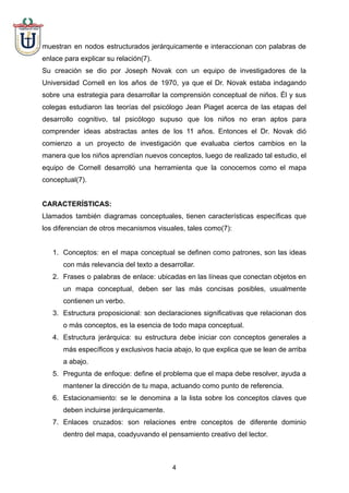 muestran en nodos estructurados jerárquicamente e interaccionan con palabras de
enlace para explicar su relación(7).
Su creación se dio por Joseph Novak con un equipo de investigadores de la
Universidad Cornell en los años de 1970, ya que el Dr. Novak estaba indagando
sobre una estrategia para desarrollar la comprensión conceptual de niños. Él y sus
colegas estudiaron las teorías del psicólogo Jean Piaget acerca de las etapas del
desarrollo cognitivo, tal psicólogo supuso que los niños no eran aptos para
comprender ideas abstractas antes de los 11 años. Entonces el Dr. Novak dió
comienzo a un proyecto de investigación que evaluaba ciertos cambios en la
manera que los niños aprendían nuevos conceptos, luego de realizado tal estudio, el
equipo de Cornell desarrolló una herramienta que la conocemos como el mapa
conceptual(7).
CARACTERÍSTICAS:
Llamados también diagramas conceptuales, tienen características específicas que
los diferencian de otros mecanismos visuales, tales como(7):
1. Conceptos: en el mapa conceptual se definen como patrones, son las ideas
con más relevancia del texto a desarrollar.
2. Frases o palabras de enlace: ubicadas en las líneas que conectan objetos en
un mapa conceptual, deben ser las más concisas posibles, usualmente
contienen un verbo.
3. Estructura proposicional: son declaraciones significativas que relacionan dos
o más conceptos, es la esencia de todo mapa conceptual.
4. Estructura jerárquica: su estructura debe iniciar con conceptos generales a
más específicos y exclusivos hacia abajo, lo que explica que se lean de arriba
a abajo.
5. Pregunta de enfoque: define el problema que el mapa debe resolver, ayuda a
mantener la dirección de tu mapa, actuando como punto de referencia.
6. Estacionamiento: se le denomina a la lista sobre los conceptos claves que
deben incluirse jerárquicamente.
7. Enlaces cruzados: son relaciones entre conceptos de diferente dominio
dentro del mapa, coadyuvando el pensamiento creativo del lector.
4
 
