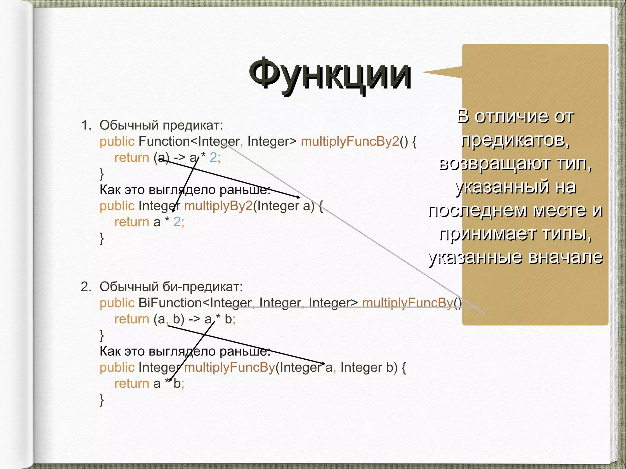 ФункцииФункции
1. Обычный предикат:
public Function<Integer, Integer> multiplyFuncBy2() {
return (a) -> a * 2;
}
Как это выглядело раньше:
public Integer multiplyBy2(Integer a) {
return a * 2;
}
2. Обычный би-предикат:
public BiFunction<Integer, Integer, Integer> multiplyFuncBy() {
return (a, b) -> a * b;
}
Как это выглядело раньше:
public Integer multiplyFuncBy(Integer a, Integer b) {
return a * b;
}
В отличие отВ отличие от
предикатов,предикатов,
возвращают тип,возвращают тип,
указанный науказанный на
последнем месте ипоследнем месте и
принимает типы,принимает типы,
указанные вначалеуказанные вначале
 