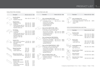 EVOLUTION STEEL DESKING
Description	Size (w) x (d) x (h)	Code
Executive Desking		
- Freestanding	 2000 x 1200 x 722	 295918
- Adjustable Levelling Feet
Straight Desking		
- Managerial size desk:	 1800 x 900 x 722	 295925
- Freestanding	 1800 x 750 x 722	 295902
- Includes Wire Mesh Cable Tray	 1500 x 750 x 722	 295900
- 2 Wire Management Portholes	 1200 x 750 x 722	 295901
- Adjustable Levelling Feet
		
Dual Desking		
- 2 x workstations	 2700 x 1510 x 722	 295908
- Freestanding	 1800 x 1510 x 722	 295913
- Including Wire Mesh Cable Tray	 1500 x 1510 x 722	 295909
- 4 Wire Management Portholes	 1200 x 1510 x 722	 295910
- Adjustable Levelling Feet		
- Centre Leg on 1500, 1800
and 2700		
	 	
Extention Arms		
- 600mm Leg and 2 Cross Beams	 750 x 600 x 722	 295916
- Beams Attach on Main	 1050 x 600 x 722	 295917
Desk Beam
- Fits onto all Straight, Dual and
Executive Steel Desks		 	
Modesty Panels Steel	 1400 x 300	 109610
- Includes Brackets	 1200 x 300	 109609
- Powder Coated Finish	 1600 x 300	 109615
	 900 x 300	 109612
Modesty Panels Wooden	 1800 x 450 x 16	 296960
- Includes Brackets and Screws	 1500 x 450 x 16	 296961
	 1200 x 450 x 16	 296962
	 900 x 450 x 16	 296963
		
Aluminium Frame screens
- Aluminium frame	 700 x 360	 51210
- Available in White (standard), 	 850 x 360	 51220
Grey or Black	 1150 x 360	 51211
- 2 identity panels fit into frame	 1450 x 360	 51212
- Includes brackets	 1750 x 360	 51213 To change colour, change the 4th digit to 0 = Oak | 3 = Cherry | 5 = Mahogany | 7 = Maple | 9 = White
PRODUCT LIST 15
Slim Line Straight (SIDE BY SIDE)
NB: Must use 1 x Slim Line pedestal with Desks
- 2 Workstations Per Box	 1200 x 750 x 722	 295965
- Fixes onto Slim Line Pedestal
- Including wire mesh cable trays
- 2 Wire Management Port
- Adjustable levelling feet
Slim Line Dual A (SIDE BY SIDE - 4 WAY)
NB: Must use 2 x Slim Line pedestal with desks
2 x Dual A Must be ordered to make 4 Way
- Fixes onto Slim Line Pedestal	 1200 x 1510 x 722	 295969
- Including wire mesh cable tray	 1500 x 1510 x 722	 295970
- 2 Wire Management Ports
- Adjustable leveling feet
Slim Line Straight Desk (OWN PEDESTAL)
NB: Must use 1 x Slim Line pedestal with Desk
- Fixes onto Slim Line Pedestal	 1200 x 750 x 722	 295967
- Including wire mesh cable tray	 1500 x 750 x 722	 295968
- 1 Wire Management Port
- Adjustable leveling feet
Slim Line Dual B (OWN PEDESTALS - 2 WAY)
NB: Must use 2 x Slim Line pedestal with Desk
1 x Dual B Must be ordered to make 2 Way
- Fixes onto Slim Line Pedestal	 1200 x 1510 x 722	 295971
- Including wire mesh cable tray	 1500 x 1510 x 722	 295972
- 2 Wire Management Ports
- Adjustable leveling feet
Slim Line Pedestal 2 Drawer 1 Filer
NB: Must use with Slim Line Desking Only
- 2 Drawers & 1 Deep Filer	 320 x 620 x 700	 295973
- Drawers Central Locking
- No Top
Slim Line Pedestal 2 Door
NB: Must use with Slim Line Desking Only
- 2 Door Storage Compartments	 320 x 620 x 700	 295974
- Doors Lockable
- No Top
Boardroom Table		
- 4 Cross Beams	 2700 x 1510 x 722	 295912
- 2 x Centre Legs for Stability	 2400 x 1200 x 722	 295928
	 2000 x 1200 x 722	 295918
	 1800 x 900 x 722	 295927
Meeting tables		
- 4 Cross Beams	 1500 x 1510 x 722	 295911
- Centre Leg for 1500	 1200 x 1200 x 722	 295915
	 900 x 900 x 722	 295929
Standing Meeting Table		
2 cross beams 	 1800 x 900 x 1082	 295930
Base Frame Structure
Server Unit 2 Door 5 Drawer
Includes 2 shelves	 1550 X 600 X 960	 280907
Server Unit 3 Door
Includes 3 shelves	 1700 X 600 X 960	 280912
Server Unit 1 Door 1 Drawer
Includes shelves	 1000 X 600 X 960	 280901
Description	Size (w) x (d) x (h)	Code
EVOLUTION Slim Line
Description	Size (w) x (d) x (h)	Code
Description	Size (w) x (d) x (h)	Code
EVOLUTION boardroom & meeting
 