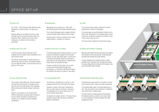 OFFICE SET-UP2
Executive
	 Our 2 000 x 1 200 Executive Steel Desk has been
designed as a stand out item in an open plan
office.
	 Meeting tables can be added to provide a more
secluded area for private discussions within the
Executive Office. Extention Arms and mobile
storage can be added to further enhance
practicality.
Call Centre options
	The evolution range offers two call centre options:
The standard benching with no storage and the
Slim-line call centre with shared “slim” pedestals
offering temporary lockable storage for personal
items.
	Ideal for a hot desking or call centres where
different employees occupying desks throughout
the day. Desks are placed in sequence and
screens can be added as divisions between
workstations.
Managerial
	 Managerial set-up consists of a 1 800 x 900
free-standing desk with localised lockable storage.
	The Evolution Managers desk is deeper (900mm)
to accommodate visitors sitting across the table.
	 Storage options include an extension with a desk
height pedestal, a pedenza or credenza.
Slim-line Benching
	The Slim-line is identified by it’s narrow or “slim”
pedestals that form one of the legs of the desks.
	 Available in single or dual desk configurations,
they can stand alone or be placed in sequence.
The pedestals can fit two box files (but do not
accommodate hanging files).
	 An elegant yet compact solution. The layout shows
screens and open desk top boxes as partitions
between workstations.
Spine
	The Evolution Spine system creates semi-private
workstations for teams of employees.
	 A 2-way storage unit accommodates 2 desks (one on
either side). Depending on the available space, these
set-ups can be placed in sequence to create a 2 way,
4 way, 6 way 8 way and so on
	The layout shows Single and Double Spine setups.
Boardroom & meeting tables
	The Boardroom setup seats 8 to 10 people, a Server
Units, housing drinks, snacks and other accessories.
	The meeting tables seats 4-6 people depending on
size. They are ideal for team meetings or conference
calls where there is limited space.
	The New Stand-up meeting table accommodates
6-8 people standing or seated on bar stools. Ideal
for quick meetings or focused meetings with high
engagement levels.
Bench with Tall-boy
	 A benching system with storage that is both
lockable and can transform each workstation into a
semi-private cubicle.
	The Tall-boy drawer pulls out, giving access to a
shelf that fits lever arch files, one standard drawer
and one deep filer drawer, a pen and pencil tray as
well as a CPU cavity.
Bench with Multi Storage
	The Multi-storage system desking places 2 or more
employee workstations adjacent to one another,
typical in an open plan office space. The main aim
is optimise the available space by arranging as
many desks as the space allows in sequence with
ample secure and localised storage.
	 Evolution straight and dual desks can be used
in conjunction with the Multi-Storage units.
Alternatively, a 2 700 Bench with Multi-Storage on
the outside of the desk can create a 4-way setup.
Bench with Mobile Storage
	 Benching with Mobile Storage optimises the available
office space and the dual purpose mobile pedestal
provides both storage and guest seating.
	 A highly adaptable and versatile solution, mobile
pedestals and moveable Open Storage Boxes allow
for easy configuration and setups and changes to set-
ups as the office needs change.
Bench with Tall-boy
Bench with mobile storage
 