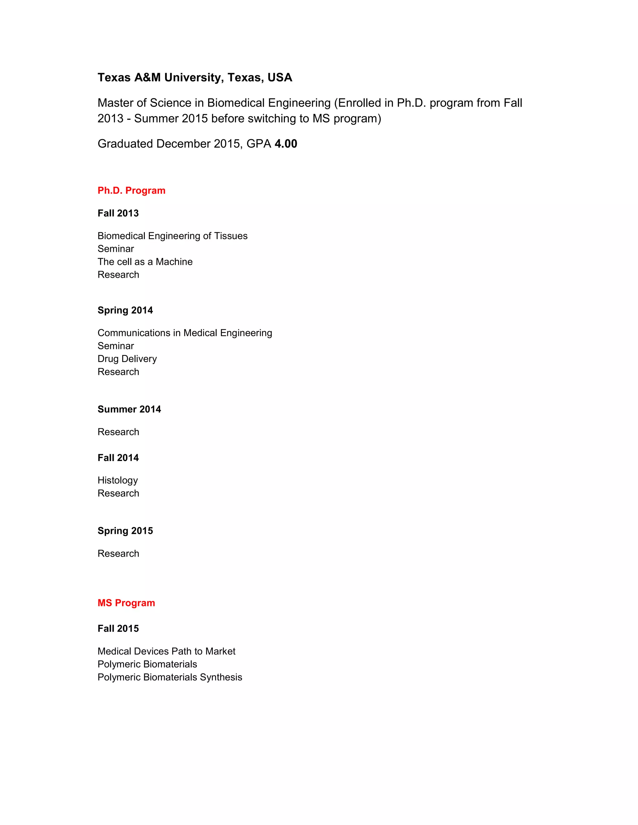 Texas A&M Course list PDF