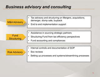 15
Business advisory and consulting
• Tax advisory and structuring on Mergers, acquisitions,
demerger, slump sale, buyback
• End to end implementation support
• Assistance in sourcing strategic partners
• Structuring Fund from tax efficiency perspectives
• Fund accounting and compliances
• Internal controls and documentation of SOP
• Sox reviews
• Setting up processes and systems/streamlining processes
 