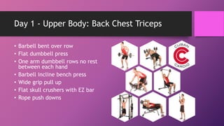 Day 1 - Upper Body: Back Chest Triceps
• Barbell bent over row
• Flat dumbbell press
• One arm dumbbell rows no rest
between each hand
• Barbell incline bench press
• Wide grip pull up
• Flat skull crushers with EZ bar
• Rope push downs
 