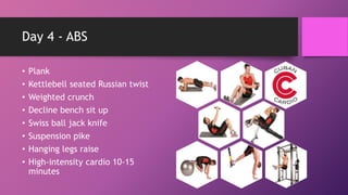 Day 4 - ABS
• Plank
• Kettlebell seated Russian twist
• Weighted crunch
• Decline bench sit up
• Swiss ball jack knife
• Suspension pike
• Hanging legs raise
• High-intensity cardio 10-15
minutes
 