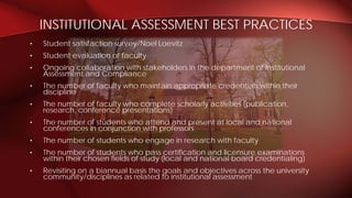 • Student satisfaction survey/Noel Loevitz
• Student evaluation of faculty
• Ongoing collaboration with stakeholders in the department of Institutional
Assessment and Compliance
• The number of faculty who maintain appropriate credentials within their
discipline
• The number of faculty who complete scholarly activities (publication,
research, conference presentations)
• The number of students who attend and present at local and national
conferences in conjunction with professors
• The number of students who engage in research with faculty
• The number of students who pass certification and licensure examinations
within their chosen fields of study (local and national board credentialing)
• Revisiting on a biannual basis the goals and objectives across the university
community/disciplines as related to institutional assessment
INSTITUTIONAL ASSESSMENT BEST PRACTICES
 