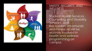 Student Health Services ,
Counseling and Disability
Services and
Recreation, Intramurals
and Fitness all will be
actively involved in
health and wellness
programming on
campus.
SAFETY, SECURITY, AND
WELLNESS
 