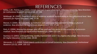 Kelley, J.,M., Trainer, J., F. (2004). A team approach to goal attainment: Villanova University. New Directions
for Institutional Research 123 (1), 2004. 97-104.
Middaugh, M. (2007). Creating a culture of evidence academic accountability at the institutional level. New
directions for Higher Education. 140, 15-28.
Morest, V. (2009). Accountability accreditation and continuous improvement building a culture of
evidence. New directions for Institutional Advancement. 143, 17-27.
Paris, K. (2004). Moving the strategic plan off the shelf and into action at the university of wisconsin-
madison. New Directions for Institutional Research (2), 2004. 121-126.
Seymour, D. (2002). Linking planning, quality improvement and ir: los angeles city college. New Directions
for Higher Education 116 (2) 2002. 59-69.
Warzynski, C, C. (2004). Future-search conferences at Cornell University. New Directions for Institutional
Research 123 (2), 2004. 105-112.
REFERENCES
 