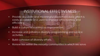 • Provide accurate and meaningful assessment data which is
easily accessible and used to improve effectiveness and
efficiency.
• Build a culture of continuous improvement.
• Increase and enhance diversity programming and service
activities.
• Build cohesion of diversity efforts.
• Renew ties within the minority communities in which we serve
INSTITUTIONAL EFFECTIVENESS
 