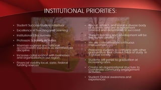 • Student Success/student initiatives
• Excellence in Teaching and Learning
• Institutional Effectiveness
• Professors Scholarly Activities
• Maintain regional and national
accreditation standards as identified per
discipline.
• Increase collaboration with businesses
and organizations in our region
• Financial viability-local, state, federal
funding sources
INSTITUTIONAL PRIORITIES:
• Recruit, attract, and enroll a diverse body
of students who are achievement
oriented and determined to succeed
• Student learning and development will be
the highest priority
• We are committed to continuous
improvement
• Preparing students to compete with other
graduates in their chosen fields of study in
a global society
• Students will persist to graduation at
increasing rates.
• Create an organizational structure to
coordinate community engagement
activities.
• Student Global awareness and
experiences
 