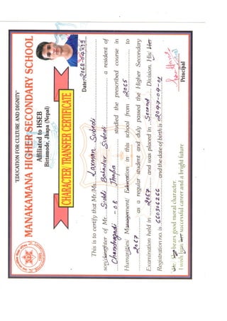 Higher secondary level character certificate