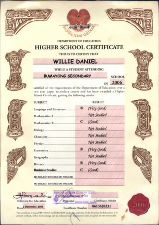 DEPARTMENT OF EDUCATION
HIGHER SCHOOL CERTIFICATE
WHILE A STUDENT ATTENDING
SCHOOL
sarisfied all the requirements of the Department of Education over a
two year upper secondary course and has been awarded a Higher
School Certificate, gaining the following results:
SUBJECT RESULI
Language and Literature .............,.....4
IN
for Education
Mr3620531Leftlltcete NumD€a..............
'lhis ceriitlcate isissuedWl'I HOU'l AIl I.:RAfION underAc atrrhoriry ofthe Secrcrary tor Flducation. It is
on rhe revcne.ide.
THIS IS TO CERTTFYTHAT
prinred in black, w;rh a brown design and en enroossea
 