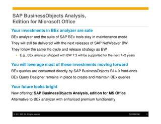 SAP BusinessObjects Analysis,
Edition for Microsoft Office
Your investments in BEx analyzer are safe
BEx analyzer and the suite of SAP BEx tools stay in maintenance mode
They will still be delivered with the next releases of SAP NetWeaver BW
They follow the same life cycle and release strategy as BW
         E.g., BEx analyzer shipped with BW 7.3 will be supported for the next 7+2 years

You will leverage most of these investments moving forward
BEx queries are consumed directly by SAP BusinessObjects BI 4.0 front-ends
BEx Query Designer remains in place to create and maintain BEx queries

Your future looks bright
New offering: SAP BusinessObjects Analysis, edition for MS Office
Alternative to BEx analyzer with enhanced premium functionality


 © 2011 SAP AG. All rights reserved.                                               Confidential   5
 