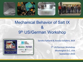Mechanical Behavior of Salt IX
&
9th US/German Workshop
Sandra Fahland & Annika Schäfers, BGR
7th US/German Workshop
Washington D.C, USA
September 2016
 