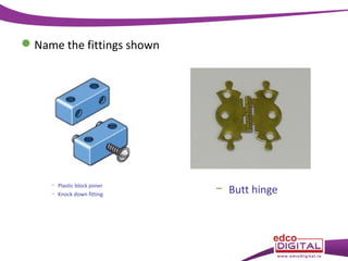  Name the fittings shown

− Plastic block joiner
− Knock down fitting

− Butt hinge

 