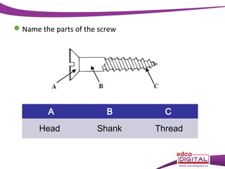  Name the parts of the screw

A

B

C

Head

Shank

Thread

 