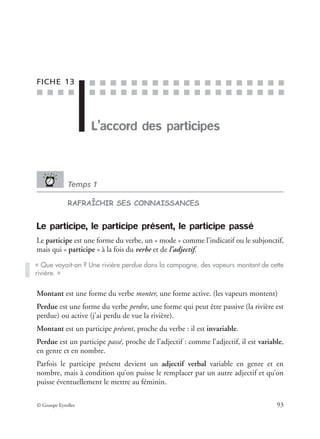 ■ ■ ■ ■
■ ■ ■ ■ ■ ■ ■ ■ ■ ■ ■ ■ ■ ■ ■ ■ ■ ■ ■
■ ■ ■ ■ ■ ■ ■ ■ ■ ■ ■ ■ ■ ■ ■ ■ ■ ■ ■
© Groupe Eyrolles 93
FICHE 13
L’accord des participes
Temps 1
RAFRAÎCHIR SES CONNAISSANCES
Le participe, le participe présent, le participe passé
Le participe est une forme du verbe, un « mode » comme l’indicatif ou le subjonctif,
mais qui « participe » à la fois du verbe et de l’adjectif.
Montant est une forme du verbe monter, une forme active. (les vapeurs montent)
Perdue est une forme du verbe perdre, une forme qui peut être passive (la rivière est
perdue) ou active (j’ai perdu de vue la rivière).
Montant est un participe présent, proche du verbe : il est invariable.
Perdue est un participe passé, proche de l’adjectif : comme l’adjectif, il est variable,
en genre et en nombre.
Parfois le participe présent devient un adjectif verbal variable en genre et en
nombre, mais à condition qu’on puisse le remplacer par un autre adjectif et qu’on
puisse éventuellement le mettre au féminin.
« Que voyait-on ? Une rivière perdue dans la campagne, des vapeurs montant de cette
rivière. »
 