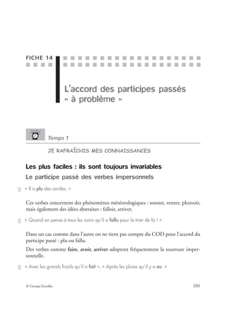 ■ ■ ■ ■
■ ■ ■ ■ ■ ■ ■ ■ ■ ■ ■ ■ ■ ■ ■ ■ ■ ■ ■
■ ■ ■ ■ ■ ■ ■ ■ ■ ■ ■ ■ ■ ■ ■ ■ ■ ■ ■
© Groupe Eyrolles 101
FICHE 14
L’accord des participes passés
« à problème »
Temps 1
JE RAFRAÎCHIS MES CONNAISSANCES
Les plus faciles : ils sont toujours invariables
Le participe passé des verbes impersonnels
Ces verbes concernent des phénomènes météorologiques : tonner, venter, pleuvoir,
mais également des idées abstraites : falloir, arriver.
Dans un cas comme dans l’autre on ne tient pas compte du COD pour l’accord du
participe passé : plu ou fallu.
Des verbes comme faire, avoir, arriver adoptent fréquemment la tournure imper-
sonnelle.
« Il a plu des cordes. »
« Quand on pense à tous les soins qu’il a fallu pour le tirer de là ! »
« Avec les grands froids qu’il a fait », « Après les pluies qu’il y a eu. »
 
