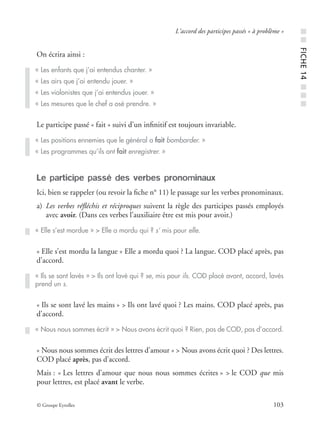 © Groupe Eyrolles 103
L’accord des participes passés « à problème »
On écrira ainsi :
Le participe passé « fait » suivi d’un inﬁnitif est toujours invariable.
Le participe passé des verbes pronominaux
Ici, bien se rappeler (ou revoir la ﬁche n° 11) le passage sur les verbes pronominaux.
a) Les verbes réﬂéchis et réciproques suivent la règle des participes passés employés
avec avoir. (Dans ces verbes l’auxiliaire être est mis pour avoir.)
« Elle s’est mordu la langue » Elle a mordu quoi ? La langue. COD placé après, pas
d’accord.
« Ils se sont lavé les mains » > Ils ont lavé quoi ? Les mains. COD placé après, pas
d’accord.
« Nous nous sommes écrit des lettres d’amour » > Nous avons écrit quoi ? Des lettres.
COD placé après, pas d’accord.
Mais : « Les lettres d’amour que nous nous sommes écrites » > le COD que mis
pour lettres, est placé avant le verbe.
« Les enfants que j’ai entendus chanter. »
« Les airs que j’ai entendu jouer. »
« Les violonistes que j’ai entendus jouer. »
« Les mesures que le chef a osé prendre. »
« Les positions ennemies que le général a fait bombarder. »
« Les programmes qu’ils ont fait enregistrer. »
« Elle s’est mordue » > Elle a mordu qui ? s’ mis pour elle.
« Ils se sont lavés » > Ils ont lavé qui ? se, mis pour ils. COD placé avant, accord, lavés
prend un s.
« Nous nous sommes écrit » > Nous avons écrit quoi ? Rien, pas de COD, pas d’accord.
■■FICHE14■■■
 