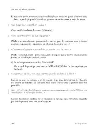 Des mots, des phrases, des textes
104 © Groupe Eyrolles
b) Les autres verbes pronominaux suivent la règle des participes passés employés avec
être. Le participe passé s’accorde en genre et en nombre avec le sujet du verbe.
(Sens passif : les choux-ﬂeurs ont été vendus)
(Verbe « accidentellement pronominal », car on peut le retrouver sous la forme
ordinaire : apercevoir, « apercevoir un objet au loin sur la mer »)
(Verbe « essentiellement » pronominal, car on ne peut pas le trouver sous une autre
forme, on n’enfuit pas quelque chose)
c) les verbes pronominaux suivis d’un inﬁnitif.
On accorde le participe passé avec le COD, si le COD fait l’action exprimée par
l’inﬁnitif.
L’action de jouer est faite par le COD vous mis pour ﬁlles. Ce sont bien les ﬁlles, ici,
qui jouent les starlettes. Le participe passé vues s’accorde avec le pronom vous mis
pour ﬁlles.
L’action de dire n’est pas faite par les balayeurs : le participe passé entendu ne s’accorde
pas avec le pronom nous, mis pour balayeurs.
« Les choux-ﬂeurs se sont bien vendus. »
« Elles se sont aperçues de leur négligence. »
« Ces troupes d’opérette se sont enfuies au premier coup de canon. »
« Sincèrement les ﬁlles, vous vous êtes vues jouer les starlettes à la Télé ? »
Mais : « Pire ! Nous, les balayeurs, nous nous sommes entendu dire par le PDG que nos
revendications n’étaient pas fondées. »
 