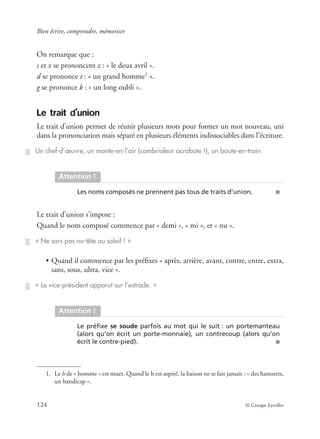 Bien écrire, comprendre, mémoriser
124 © Groupe Eyrolles
On remarque que :
s et x se prononcent z : « le deux avril ».
d se prononce t : « un grand homme1
».
g se prononce k : « un long oubli ».
Le trait d’union
Le trait d’union permet de réunir plusieurs mots pour former un mot nouveau, uni
dans la prononciation mais séparé en plusieurs éléments indissociables dans l’écriture.
Le trait d’union s’impose :
Quand le nom composé commence par « demi », « mi », et « nu ».
• Quand il commence par les préﬁxes « après, arrière, avant, contre, entre, extra,
sans, sous, ultra, vice ».
1. Le h de « homme » est muet. Quand le h est aspiré, la liaison ne se fait jamais : « des hamsters,
un handicap ».
Un chef-d’œuvre, un monte-en-l’air (cambrioleur acrobate !), un boute-en-train.
Attention !
Les noms composés ne prennent pas tous de traits d’union. ■
« Ne sors pas nu-tête au soleil ! »
« Le vice-président apparut sur l’estrade. »
Attention !
Le préﬁxe se soude parfois au mot qui le suit : un portemanteau
(alors qu’on écrit un porte-monnaie), un contrecoup (alors qu’on
écrit le contre-pied). ■
 