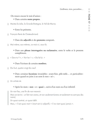 © Groupe Eyrolles 125
Guillemets, tirets, parenthèses…
On trouve encore le trait d’union :
• Dans certains noms propres.
• Entre les prénoms.
• Dans des adjectifs et des pronoms composés.
• Dans une phrase interrogative ou exclamative, entre le verbe et le pronom
complément.
• Dans l’écriture de certains nombres.
• Dans certaines locutions invariables : avant-hier, pêle-mêle… et particulière-
ment quand on joint à un nom le mot « né ».
• Après les mots « non » et « quasi », suivis d’un nom ou d’un inﬁnitif.
Mantes-la-Jolie, la Grande-Bretagne, le Val-de-Marne.
François-René de Chateaubriand.
Moi-même, eux-mêmes, ce mois-ci, ceux-là.
« Dors-tu ? », « Va-t’en ! », « Dis-le-lui. »
Dix-huit, quatre-vingt-dix-neuf.
Un artiste-né.
Un non-lieu, une ﬁn de non-recevoir.
Mais on écrira : un fait non avenu, et non seulement (avenu et seulement ne sont pas des
noms).
Un quasi-contrat, un quasi-délit.
Mais, « il est quasi mort » (mort est ici adjectif), « il ne vient quasi jamais ».
■■FICHE17■■■
 
