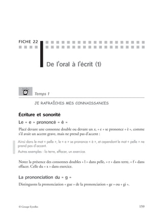 ■ ■ ■ ■
■ ■ ■ ■ ■ ■ ■ ■ ■ ■ ■ ■ ■ ■ ■ ■ ■ ■ ■
■ ■ ■ ■ ■ ■ ■ ■ ■ ■ ■ ■ ■ ■ ■ ■ ■ ■ ■
© Groupe Eyrolles 159
FICHE 22
De l’oral à l’écrit (1)
Temps 1
JE RAFRAÎCHIS MES CONNAISSANCES
Écriture et sonorité
Le « e » prononcé « è »
Placé devant une consonne double ou devant un x, « e » se prononce « è », comme
s’il avait un accent grave, mais ne prend pas d’accent :
Notez la présence des consonnes doubles « l » dans pelle, « r » dans terre, « f » dans
effacer. Celle du « x » dans exercice.
La prononciation du « g »
Distinguons la prononciation « gue » de la prononciation « ge » ou « gi ».
Ainsi dans le mot « pelle », le « e » se prononce « è », et cependant le mot « pelle » ne
prend pas d’accent.
Autres exemples : la terre, effacer, un exercice.
 