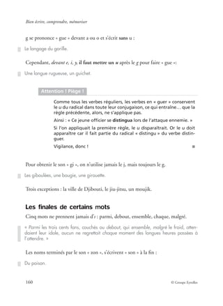 Bien écrire, comprendre, mémoriser
160 © Groupe Eyrolles
g se prononce « gue » devant a ou o et s’écrit sans u :
Cependant, devant e, i, y, il faut mettre un u après le g pour faire « gue »:
Pour obtenir le son « gi », on n’utilise jamais le j, mais toujours le g.
Trois exceptions : la ville de Djibouti, le jiu-jitsu, un moujik.
Les finales de certains mots
Cinq mots ne prennent jamais d’s : parmi, debout, ensemble, chaque, malgré.
Les noms terminés par le son « zon », s’écrivent « son » à la ﬁn :
Le langage du gorille.
Une langue rugueuse, un guichet.
Attention ! Piège !
Comme tous les verbes réguliers, les verbes en « guer » conservent
le u du radical dans toute leur conjugaison, ce qui entraîne… que la
règle précédente, alors, ne s’applique pas.
Ainsi : « Ce jeune ofﬁcier se distingua lors de l’attaque ennemie. »
Si l’on appliquait la première règle, le u disparaîtrait. Or le u doit
apparaître car il fait partie du radical « distingu » du verbe distin-
guer.
Vigilance, donc ! ■
Les giboulées, une bougie, une girouette.
« Parmi les trois cents fans, couchés ou debout, qui ensemble, malgré le froid, atten-
daient leur idole, aucun ne regrettait chaque moment des longues heures passées à
l’attendre. »
Du poison.
 