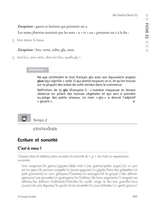© Groupe Eyrolles 161
De l’oral à l’écrit (1)
Exceptions : gazon et horizon qui prennent un z.
Les noms féminins terminés par les sons « u » et « ou » prennent un e à la ﬁn :
Exceptions : bru, vertu, tribu, glu, toux.
Temps 2
S’ENTRAÎNER
Écriture et sonorité
C’est à vous !
Classez dans le tableau prévu et selon la sonorité du « g », les mots ou expressions
suivantes.
Une cargaison/le genou/gigoter/déjà midi !/une guérite/parler argot/j’ai un pro-
jet/un geai/du poisson congelé/un brave gugusse/un gigolo/faire des galipettes/un
petit gourmand/un coin giboyeux/Gustave/un escargot/oh le goujat !/des déman-
geaisons/une girouette/un guet-apens/Le Galibier/de bons arguments/il rangeait ses
affaires/les éditions Gallimard/Gibraltar/la rouille ronge le fer/une guenille/nous
jouons/de jolis légumes/le goulot d’une bouteille/la joue tailladée/un gentil garçon/
Une statue, la boue.
Une bru, sans vertu, dans la tribu, quelle glu !
Attention !
Ne pas confondre le mot français glu avec son équivalent anglais
glue (qui signiﬁe « colle ») qui prend toujours un e, et qu’on trouve
sur la plupart des tubes de colle vendus dans le commerce.
Déﬁnition de la glu (française !) : « matière visqueuse et tenace
obtenue en pilant des écorces végétales et qui sert à prendre
au piège des petits oiseaux. Le nom « glu » a donné l’adjectif
« gluant ». ■
■■FICHE22■■■
 