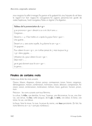 Bien écrire, comprendre, mémoriser
162 © Groupe Eyrolles
nous rangions la salle à manger/la guenon et le guépard du zoo/rajoutez du sel dans
le ragoût !/un bon nageur/la conjugaison/ne jugeons personne/une goutte de
rosée/Lapérouse, hardi navigateur/faites un régime !/la digestion.
Finales de certains mots
Faites-vous dicter les mots suivants.
Gazon, blason, diapason, cloison, poison, contrepoison, toison, liaison, cargaison,
démangeaison, maison, combinaison, inclinaison, raison, déraison, comparaison, ﬂo-
raison, saison, arrière-saison, morte-saison, trahison, bison, guérison, horizon, prison,
tison.
Précision : les noms suivants sont tous féminins.
La cohue, la tribu, une étendue, la mue, l’avenue, une déconvenue, la rue, une char-
rue, une verrue, ma bru, cette sangsue, de la glu, la vertu, une statue, la laitue, une
tortue, la vue, une bévue.
La boue, faire la moue, la roue, la proue du navire, une toux persistante. (En fait, les
noms féminins en « ou » sont peu nombreux.)
Tableau de la prononciation du « g »
g se prononce « gue » devant a ou o et s’écrit sans u :
Cargaison…
Devant e, i, y, il faut mettre un u après le g pour faire « gue » :
Une guérite…
Devant un u, sans autre voyelle, le g donne le son « gu » :
Un gugusse…
Pour obtenir le son « gi », on n’utilise jamais le j, mais toujours le g :
« gi » dans gigoter, …
Utilisation du j pour obtenir le son « ge » :
Déjà midi !, …
ge et gea donnent aussi le son « ge » :
Le genou…
 