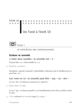 ■ ■ ■ ■
■ ■ ■ ■ ■ ■ ■ ■ ■ ■ ■ ■ ■ ■ ■ ■ ■ ■ ■
■ ■ ■ ■ ■ ■ ■ ■ ■ ■ ■ ■ ■ ■ ■ ■ ■ ■ ■
© Groupe Eyrolles 165
FICHE 23
De l’oral à l’écrit (2)
Temps 1
JE RAFRAÎCHIS MES CONNAISSANCES
Écriture et sonorité
s entre deux voyelles : la sonorité est « z »
Et pour faire « se » il faut doubler le s : ss.
Exceptions : parasol, tournesol, vraisemblable, soubresaut, qui ne doublent pas le s
pour faire « se ».
Les mots en ex : la sonorité peut être « egz » ou « eks »
Le son « eks » est obtenu en ajoutant un c après le x.
Le son « egz » est obtenu quand le x est immédiatement suivi d’une voyelle ou d’un
h muet.
Du poison, un poisson.
Excité, exciter, un excès.
« On a exhaussé cet immeuble exigu d’un étage. »
 