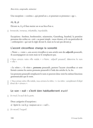 Bien écrire, comprendre, mémoriser
166 © Groupe Eyrolles
Une exception : « eczéma », qui prend un c, et pourtant se prononce « egz ».
m, b, p
Devant m, b, p il faut mettre un m au lieu d’un n.
Exceptions : bonbon, bonbonnière, néanmoins, Gutenberg, Istanbul, la première
personne des verbes en « enir » au passé simple : nous vînmes, et le cas particulier de
« embonpoint » qui suit la règle devant b, mais ne la suit pas devant p.
L’accent circonflexe change la sonorité
« Notre », « votre », sans accent circonﬂexe et sans article sont des adjectifs possessifs,
ils accompagnent un nom mais ne le remplacent pas.
« Le nôtre », « le vôtre », pronoms possessifs, portent l’accent circonﬂexe et sont
formés comme les autres pronoms possessifs à l’aide des articles le, la, les.
Les pronoms possessifs remplacent le nom et peuvent donc tenir les mêmes fonctions
grammaticales que le nom.
Le son « euil » s’écrit bien habituellement e-u-i-l
Deux catégories d’exceptions :
a) Après le c ou le g : toujours un u : « ueil ».
Immensité, immense, imbattable, improbable.
« Nous aimons notre ville natale. » > Notre : adjectif possessif, détermine le nom
« ville ».
« Vous aimez votre ville natale, nous aimons la nôtre. » > La nôtre : complément d’objet
direct de « aimons ».
Un treuil, le seuil de la porte.
Un recueil, l’orgueil.
 